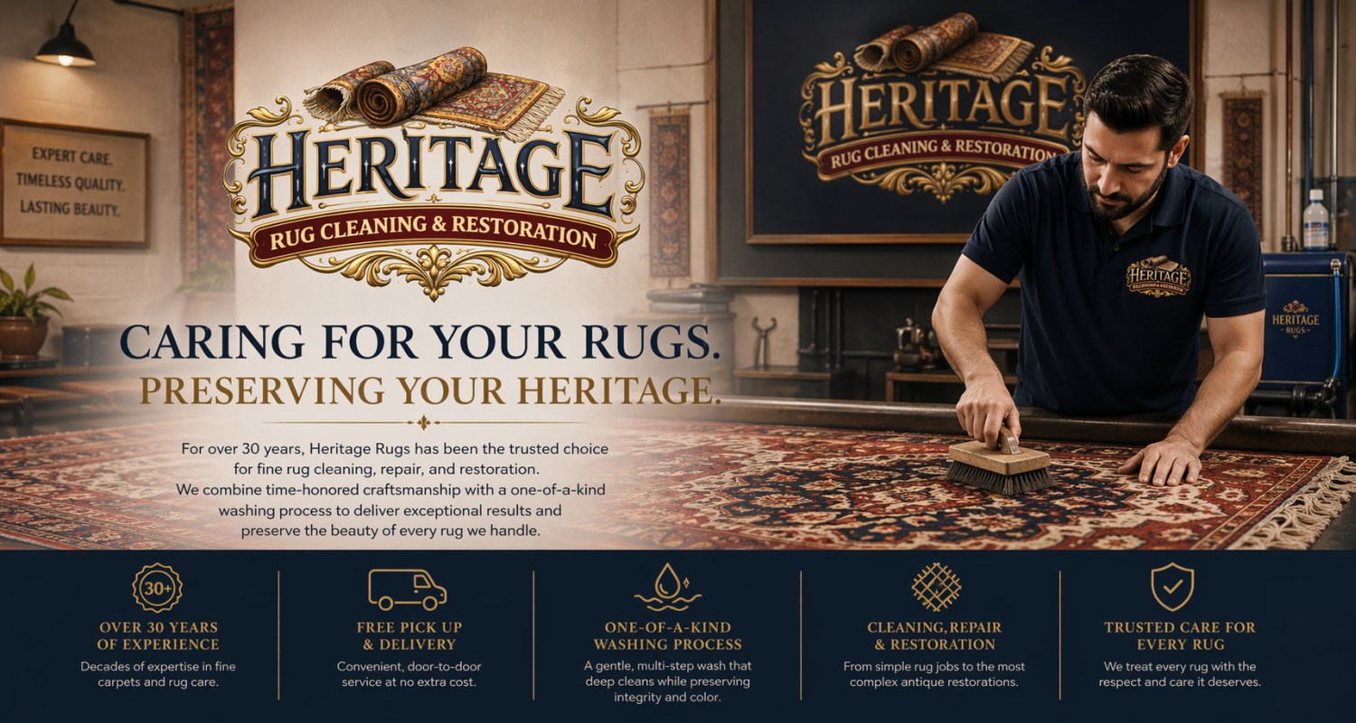 Heritage Rugs showroom with restored antique rugs